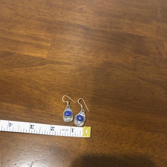 Silver Tone Blue Oval Stone Drop Earrings - Picture 3 of 9